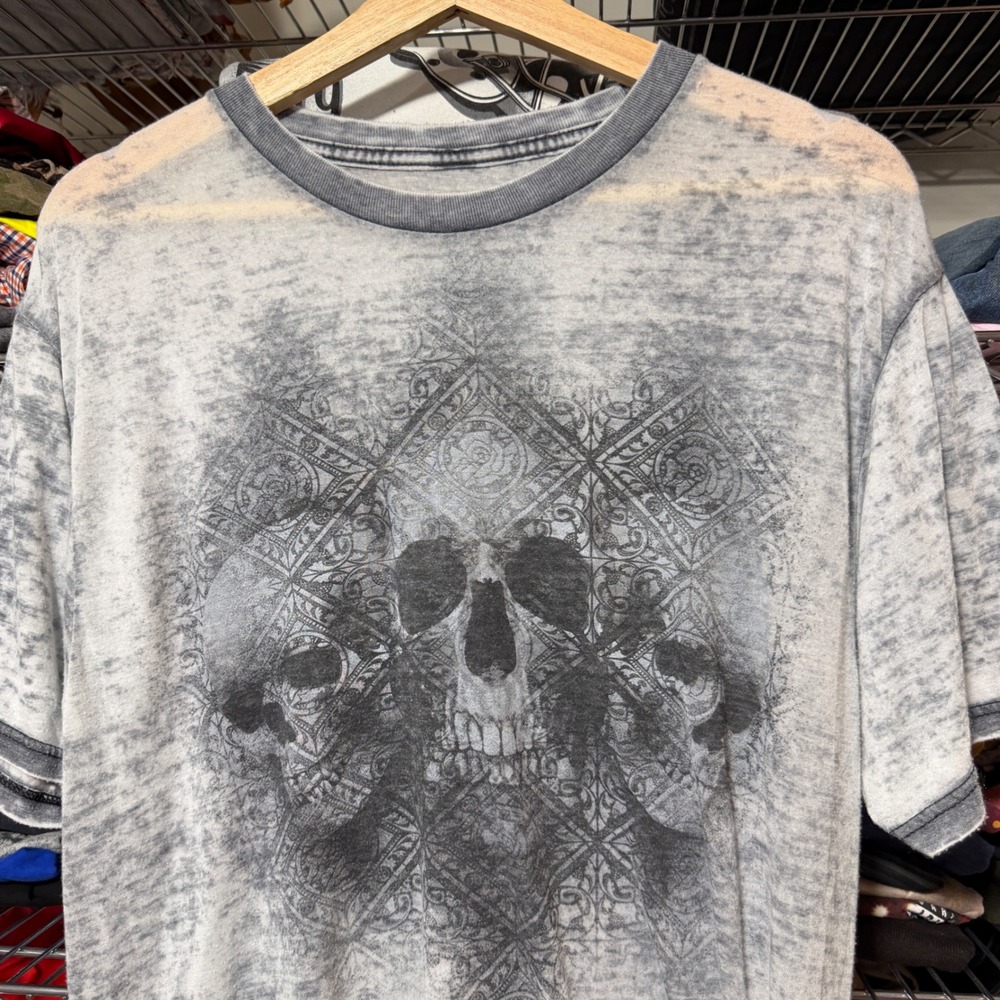 Helix T-Shirt Mens Medium Gray Skull Burnout Graphic Y2K Grunge Tee Goth Punk - Picture 2 of 6